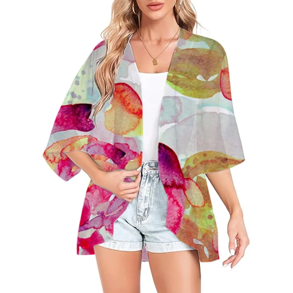 Cardigan en mousseline de soie à imprimé floral pour femmes, kimono de plage, haut de bikini, cover-up sexy, châle transparent, cardigan surdimensionné, été