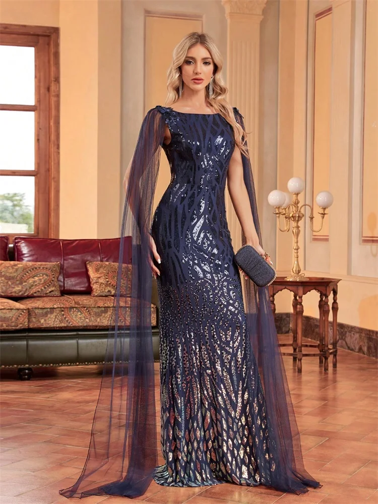 Luxury Arabia Long Sleeve Sequins Evening Dress Women 2025 Female Guests Wedding Party Prom Blue Cocktail Dresses