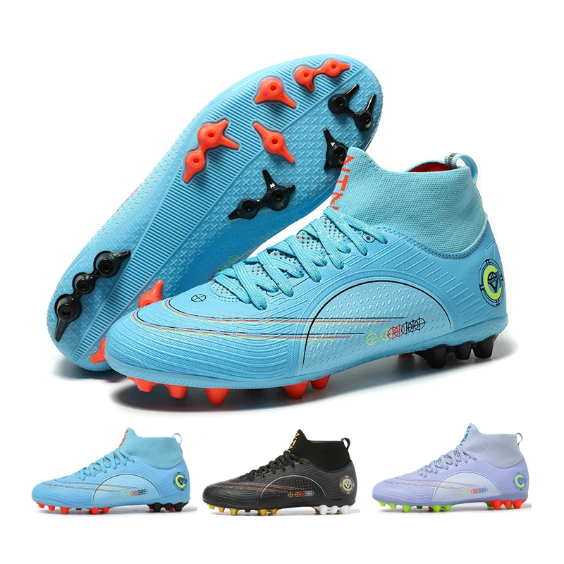 

New Men's Soccer Shoes High Ankle Breathable Outdoor Artificial Grass Football Training Match Women Child Boots Sport Sneakers