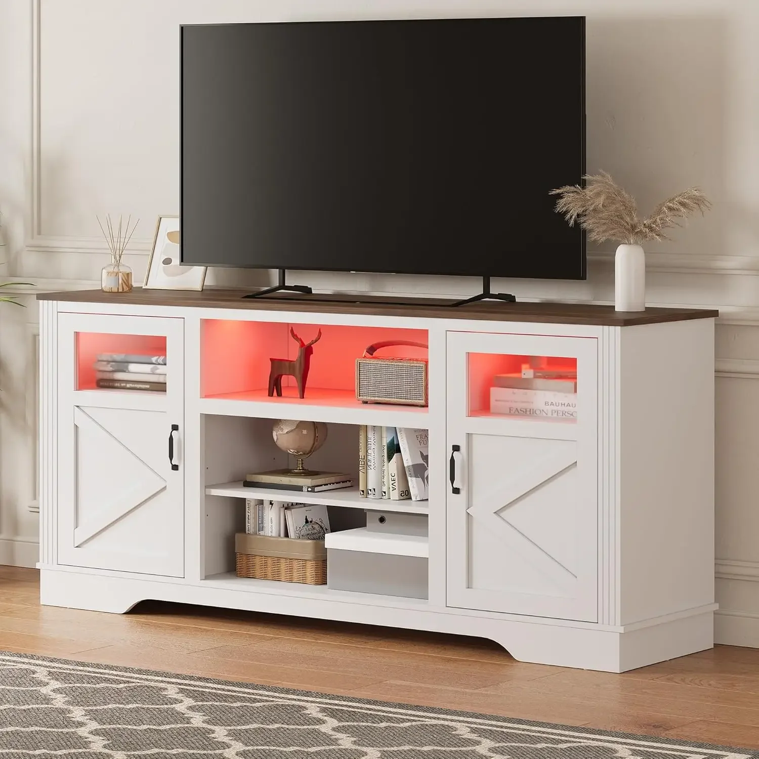 

TV Stand With LED Lights, Entertainment Center For 65/60/55 Inches Televisions, Console With Storage Cabinets And Open Shelves|