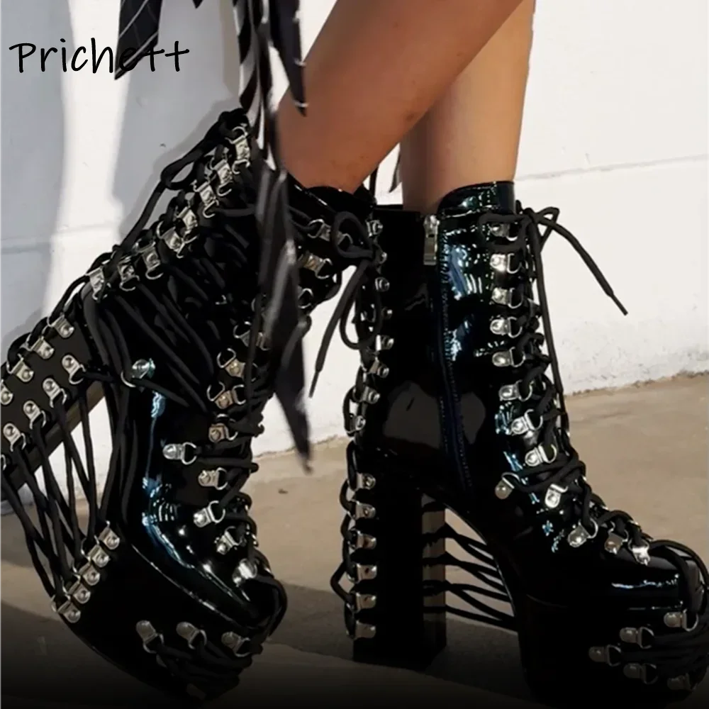 Black Leather Cross Tied Ankle Boots Platform Square Heels Side Zipper Women's Lolita Dark Style Shoes Cool Lace Up Shoes 2025