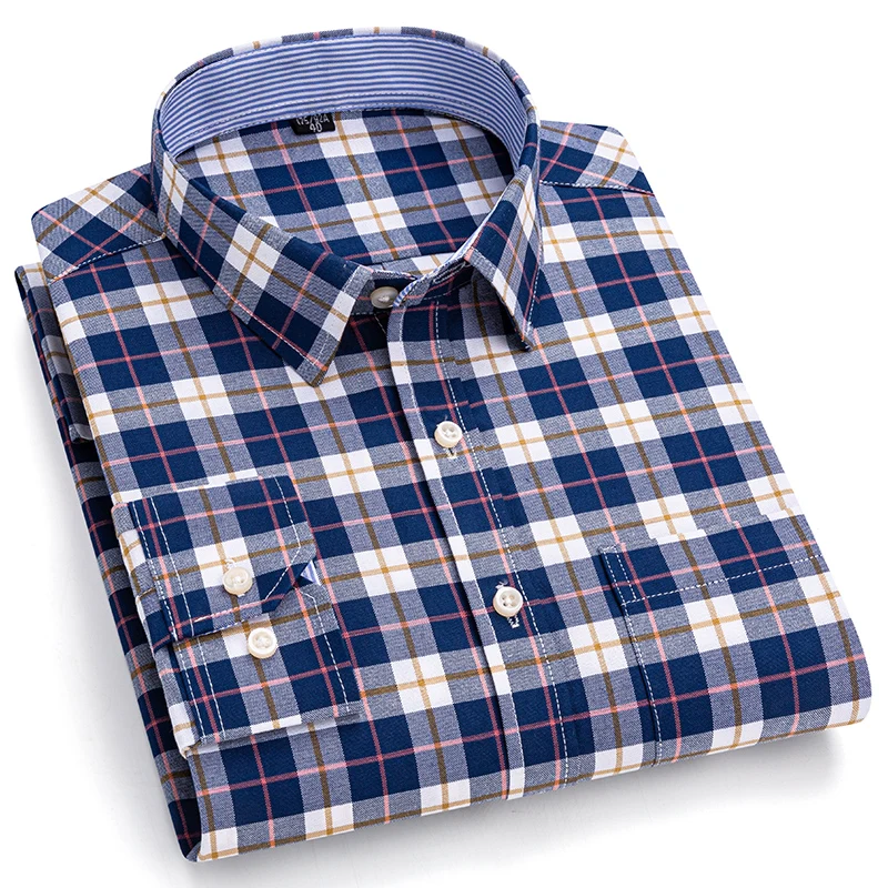 100% Cotton Men\'s Oxford Shirts Long Sleeve Casual Plaid Soft Regular Fit Formal Dress Shirt Social Blouse Male Clothes S-7XL