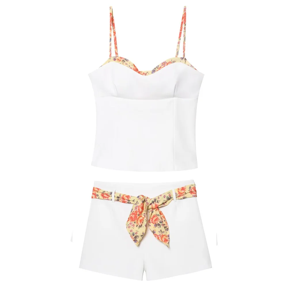 

2025 New Women's Casual Elegant Fashion Design with European and American Style Printed Splicing Elastic Top&Shorts Set
