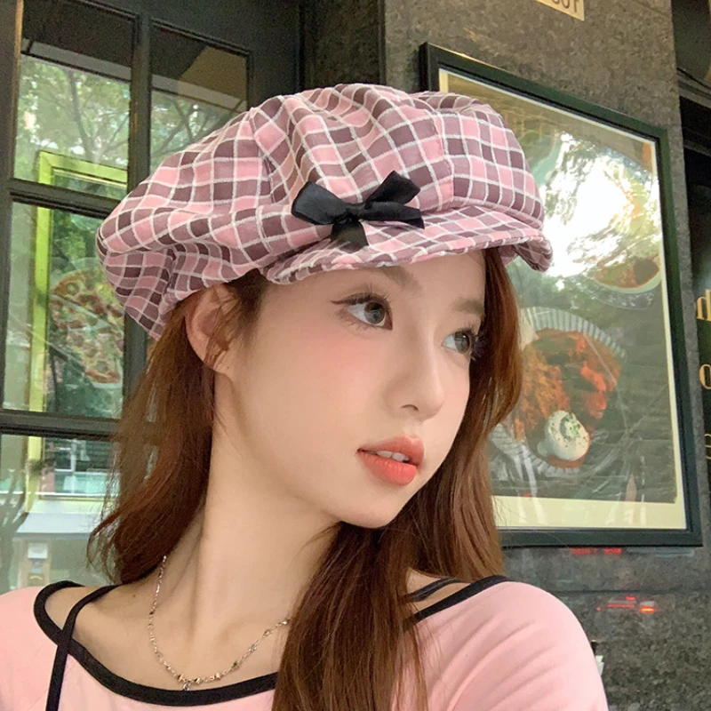 Pink Plaid Berets Women Art Student Big Print Painter Caps for Women Cute Cloud Hats Summer Thin Travel Sunscreen Black Bow Hat