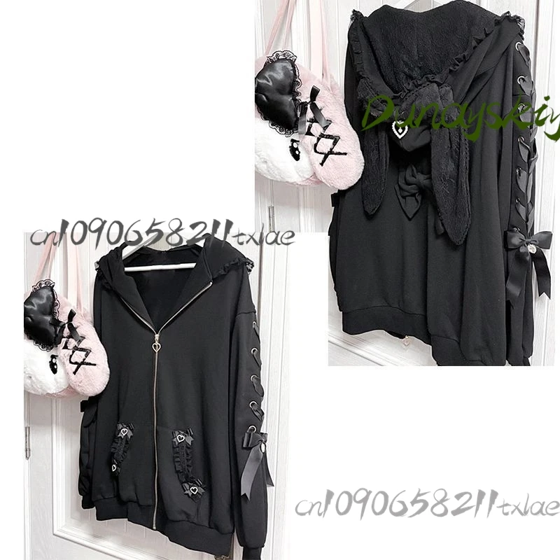 Bunny Hoodie Hoodies Y2K Rabbit Ear Hoodie Lolita Jacket Bow Girls Pearl JK Japan Lace Kawaii Zipper Cardigan Long Sleeved Top