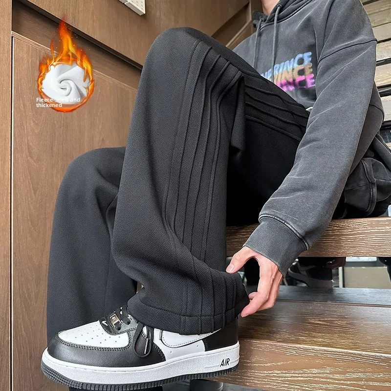 

Мужские утепленные повседневные свободные брюки прямого кроя на флисовой подкладке, осенне-зимние, больших размеров, модные, трендовые, длинные брюки