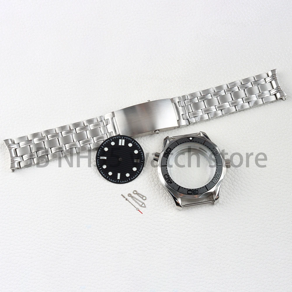 41mm Silver NH35 Watch Case With 31mm Dial and hands Green Luminous Fit Seamaster 300  NH35 NH36 Movement 316L Stainless Steel