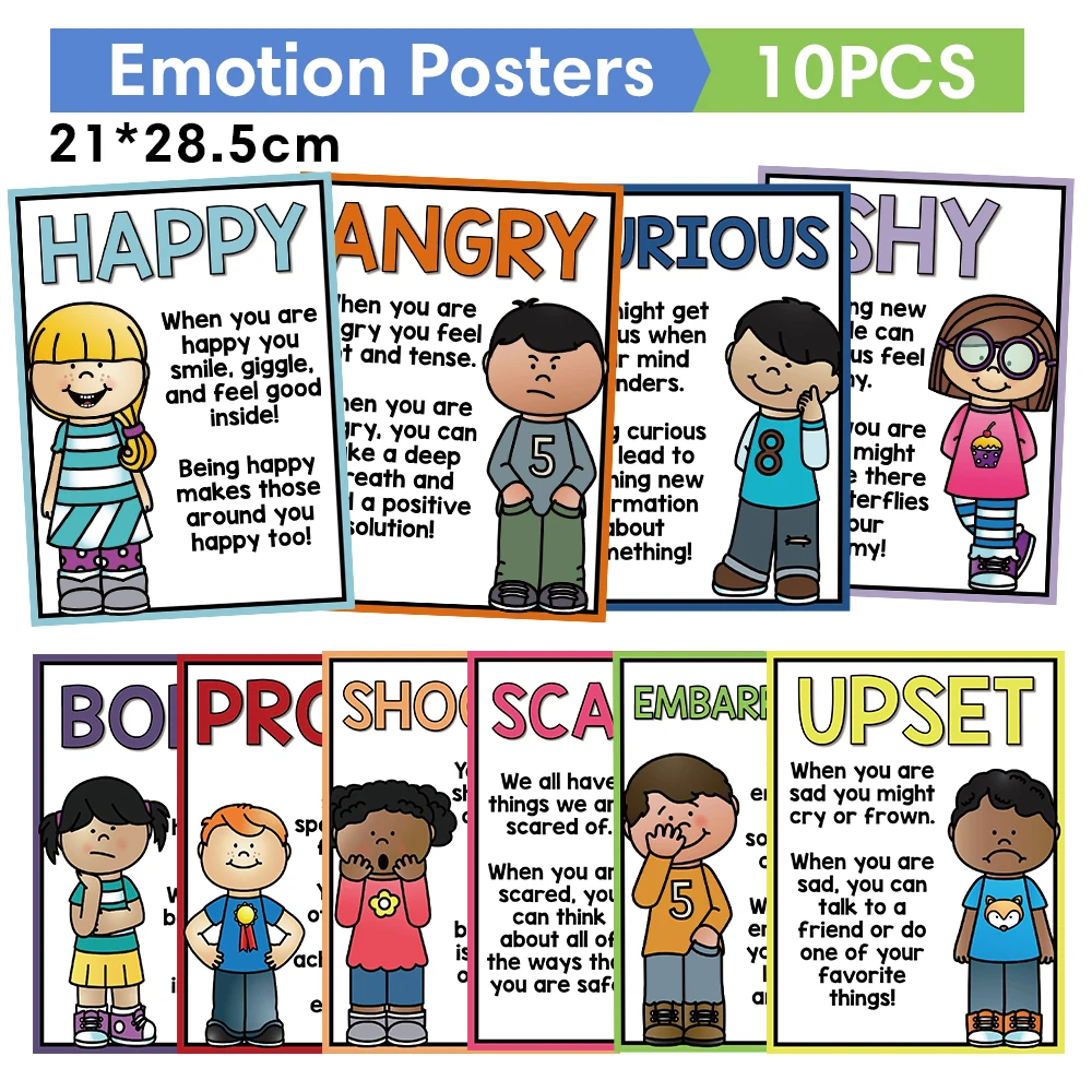 10 PCS Emotion Posters for Kid Emotions Chart  Posters for Home / Classroom Decoration Teaching Materials Learning Cards