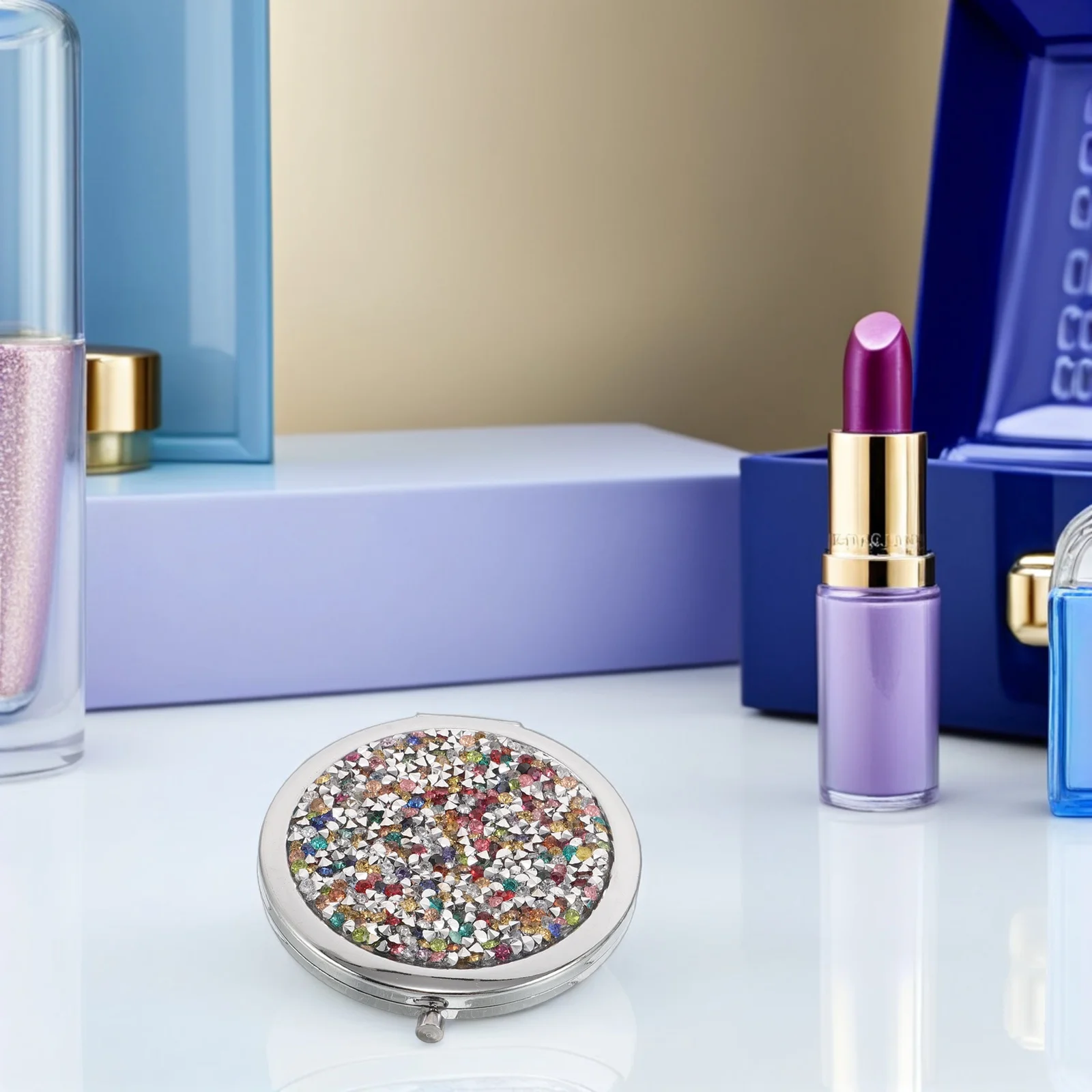 4Pcs Double Sided Makeup Mirror Rhinestone Inlaid Metal Frame Foldable Compact Mirror Set for on The Go Touch Ups in Pink Silver