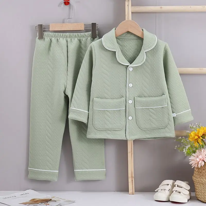 Children's Three-layer Warm Home Wear Cotton Fall and Winter Models Long-sleeved Boys Cotton Thickened Girls Pajamas Suit