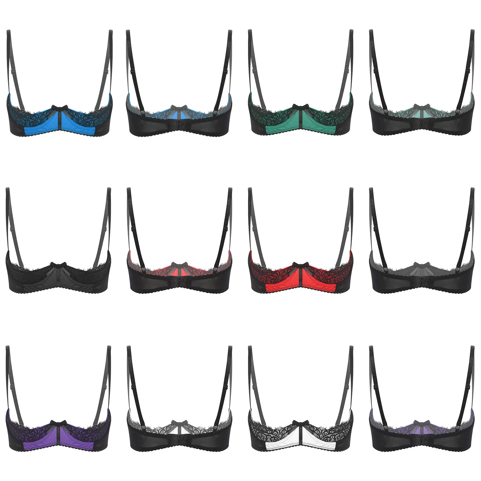 

Womens Lingerie Bare Open Breast Exposed Bras Eyelash Floral Lace Hot Bra Tops 1/4 Cups Push Up Underwire Bralette Balconette