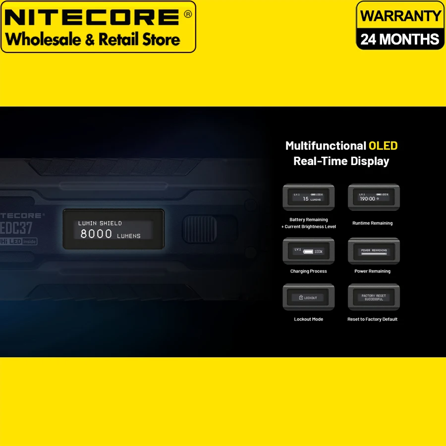 Fast Charging NITECORE EDC37 8000 Lumens Ultimate Tactical EDC Flashlight with OLED Real-Time Display & Built-in 8000mAh Battery