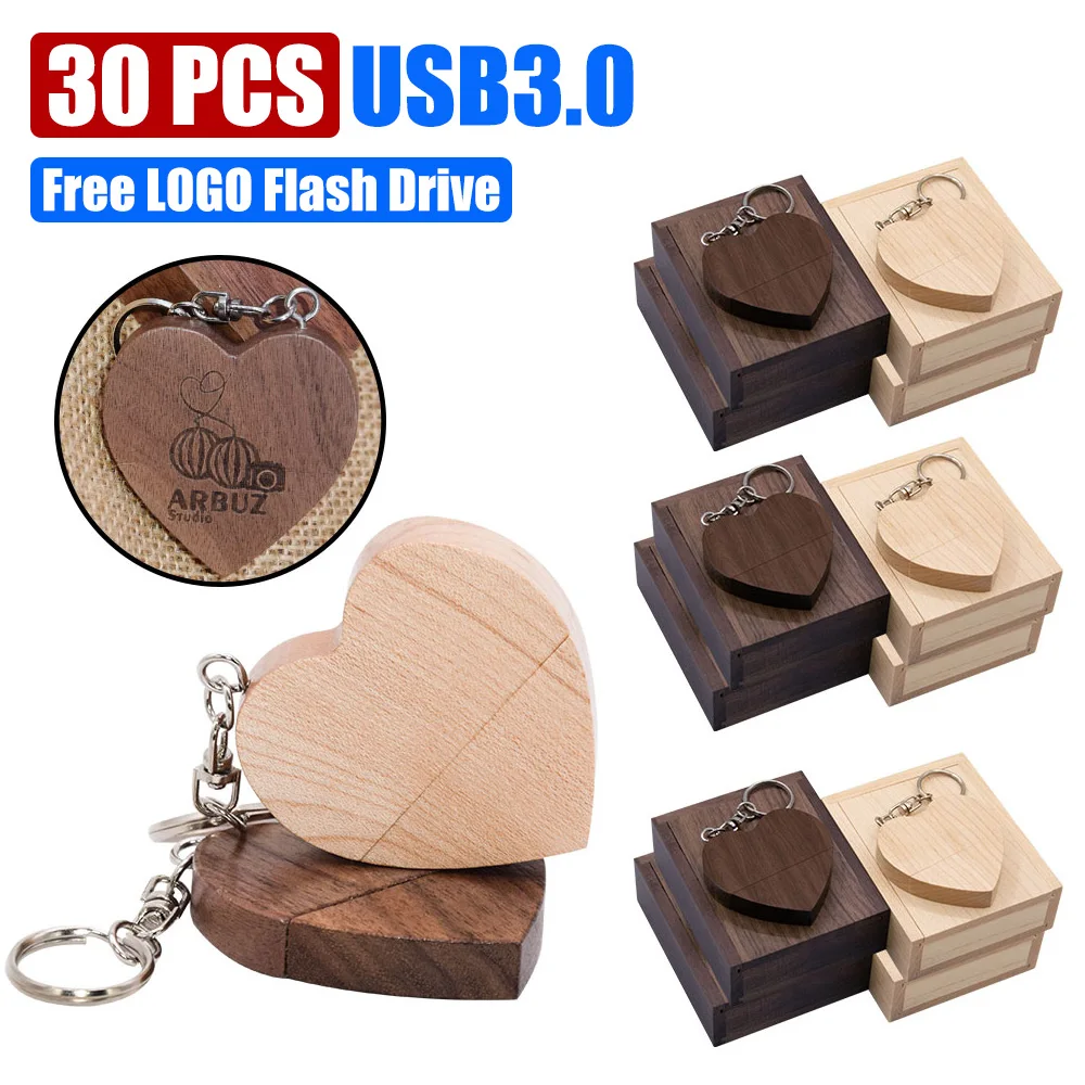 Clé USB 3.0 en forme de cœur en bois avec logo gratuit, clé USB, capacité réelle, disque U, cadeaux de photographie, 8 Go, 16 Go, 32 Go, 64 Go, 128 Go, 30 pièces