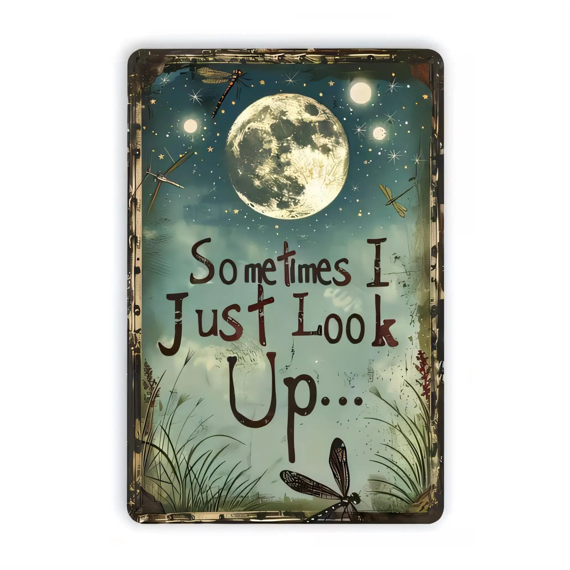 Vintage Sometimes I Just Look Up Moon Stars Quote Tin Sign, Retro Metal Wall Decor for Bedroom Living Room Bathroom Office, Rust