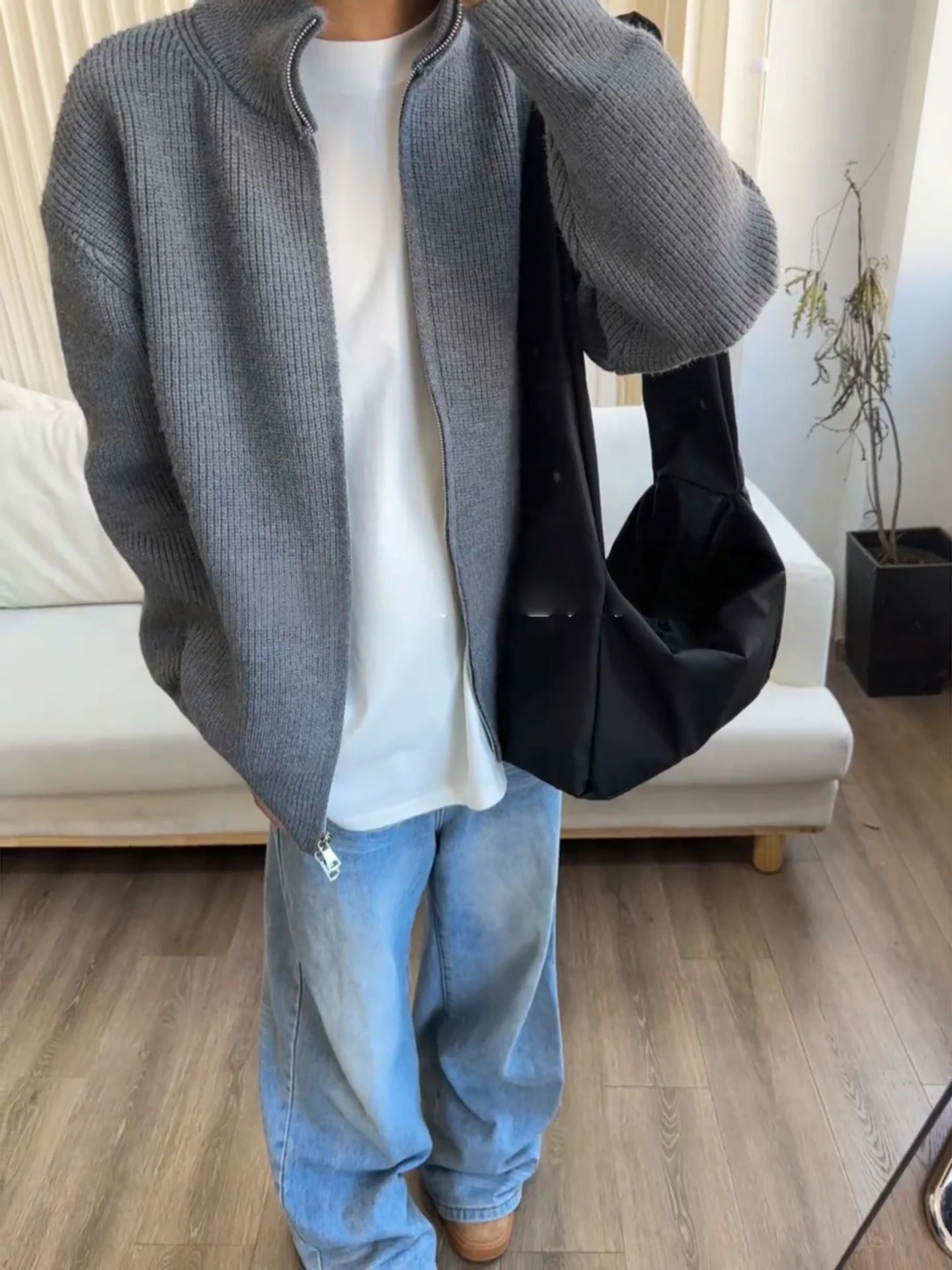 

Мужской вязаный свитер с воротником-стойкой на молнии, серый, в корейском стиле, осенняя верхняя одежда, повседневный, комфортный, мягкий, создающий уютную атмосферу