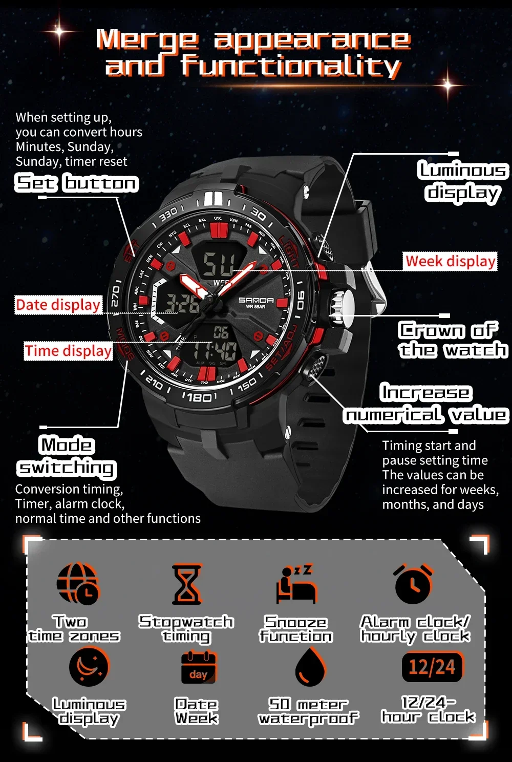 SANDA 3333 reloj electrónico Digital LED multifuncional resistente al agua para estudiantes nuevo reloj electrónico de moda para hombres deportes al aire libre