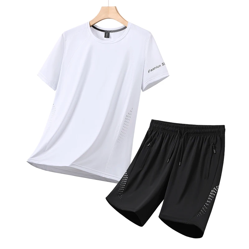 

High Quality Outdoor Sports Running Short Sleeved Shorts Set Summer Comfortable Soft Ice Silk Breathable Men's Quick Drying Set