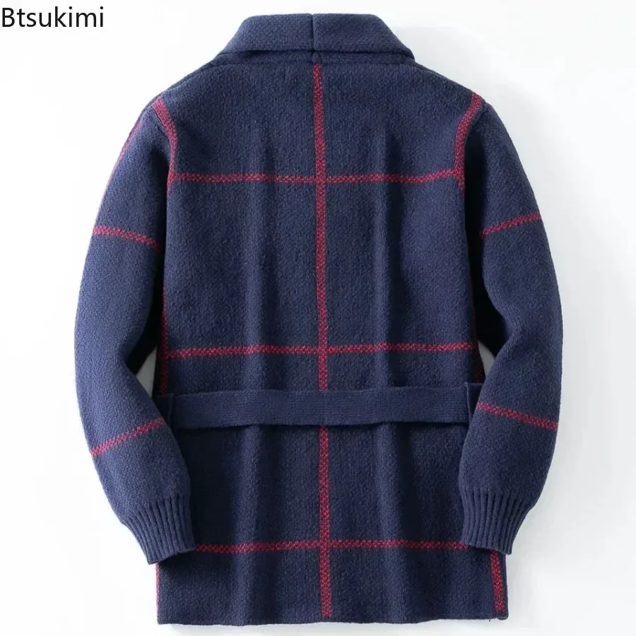 جديد 2025 الرجال خمر الجاكار متماسكة البلوزات موضة عادية منتصف طول حزام سترة معاطف الخريف الشتاء رشاقته سترة معاطف #2