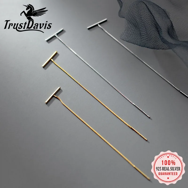 TrustDavis-pendientes minimalistas de Plata de Ley 925 con forma de caja de palo dulce, aretes vinculados con cadena para mujer, joyería creativa de