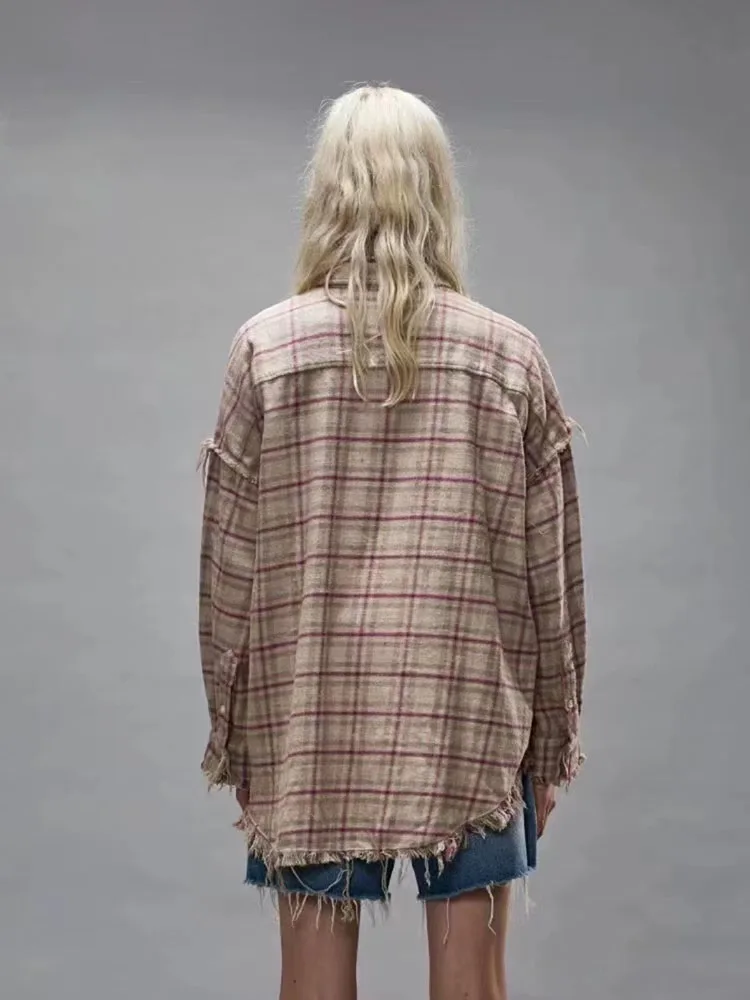 Woman clothingy2k fall/winter raw edge drop shoulder plaid cotton Women shirts2024loose casual ripped wind Large Long sleeve top