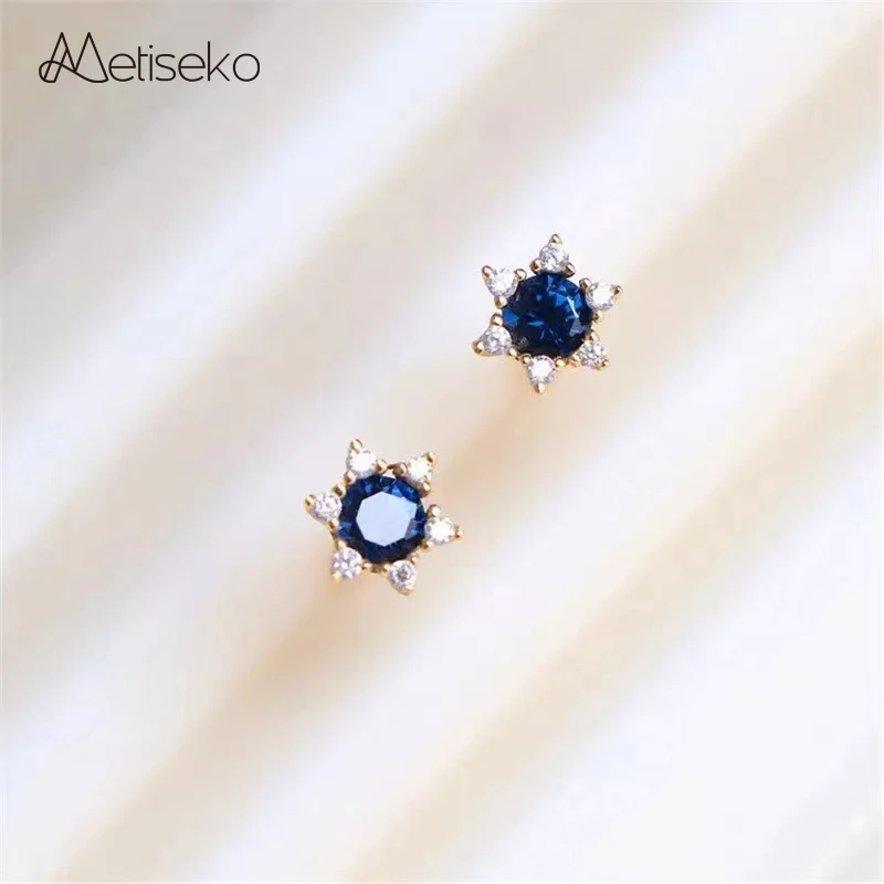 Metiseko 925 Sterling Silver Earrings Blue Cubic Zirconia Snow Flake Shape Spinel Elegant Stud Earrings for Women Party Gift