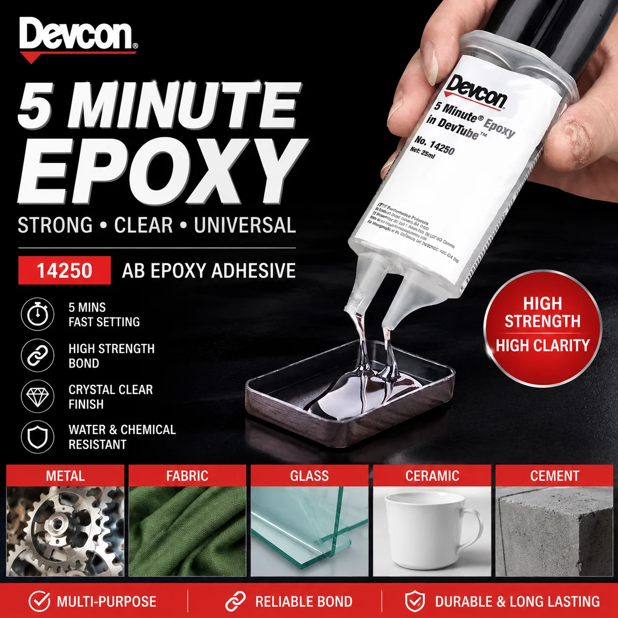 Devcon14250 Epoxy Resin AB Glue Waterproof Instant Fast Strong Adhesive for Wood Plastic Metal - Super Liquid Glue for Repair
