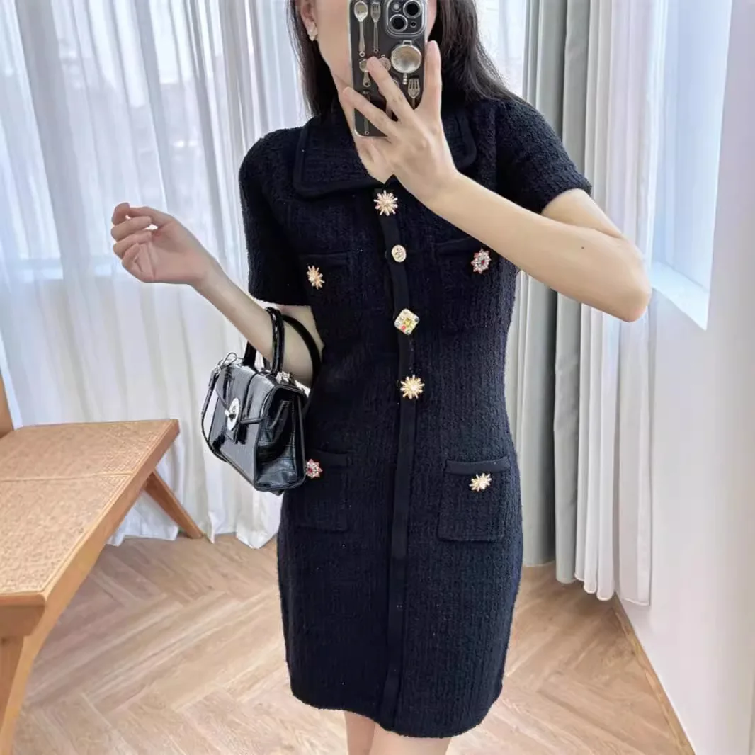 Quality Summer Autumn Single Breasted Diamonds Button Turn Down Collar Bodycon Pencil Short Knitting Sweater Dress Women Black