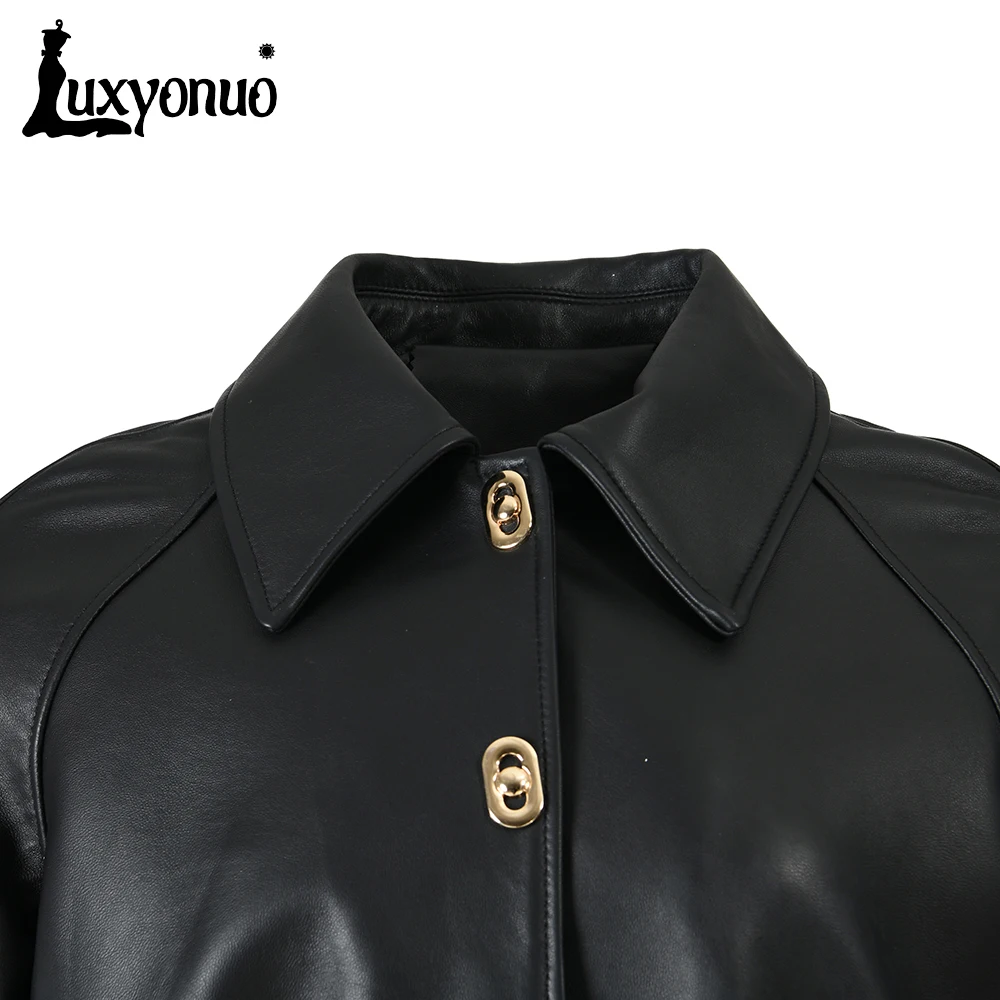 Luxyonuo-Chaqueta de piel de oveja auténtica para mujer, abrigo con cuello vuelto, botón dorado, Moda de Primavera