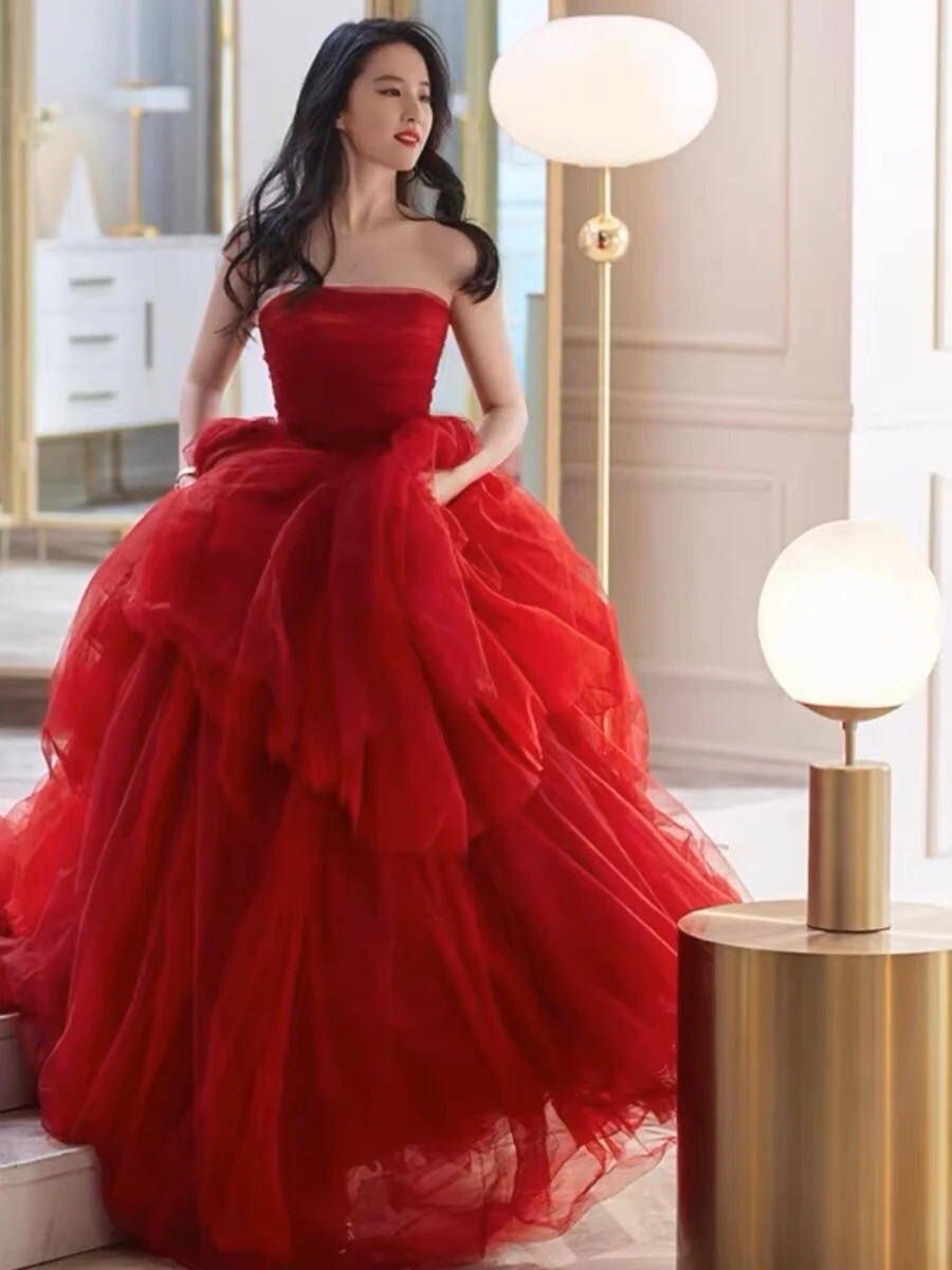 E Vestido de Novia Rojo para Mujer con Hombros Descubiertos, Vestido de Noche para Anfitriona, Nuevo 2025, Alta Gama, ...