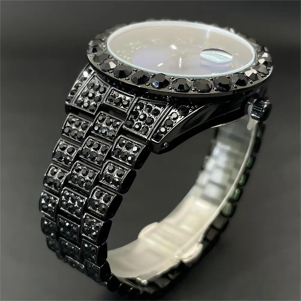 2024 New Cool Iced Watch For Mens Fashion Casual Quartz WristWatch Mans Hip Hop Black Diamond AAA Clock Reloj Gift Free Shipping