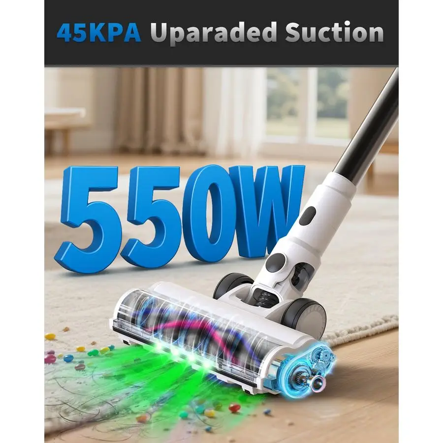掃除機、バッテリー2個、稼働時間110分、家庭用掃除機、550W 45KPA 15in1 スティック型掃除機、充電ドック付き、ハンドヘルド