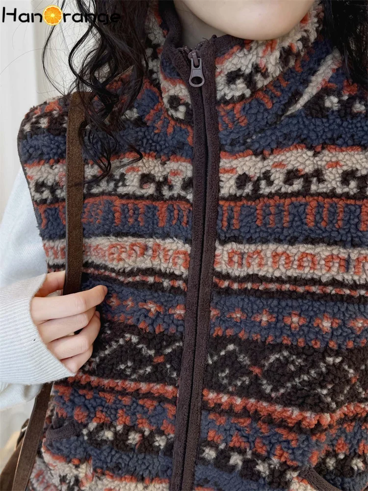 HanOrange 2026 Winter Retro Pattern Polar Fleece Stand Collar Vest Women Stacked Wearing Top Orange Brown/Coffee White