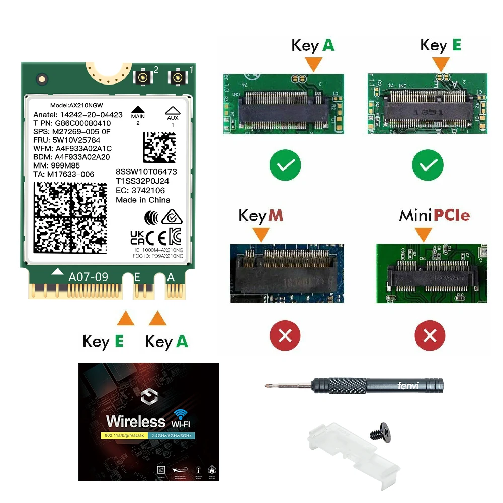 FENVI kartu jaringan nirkabel WiFi, kartu jaringan nirkabel 6E AX210NGW 5374Mbps 2.4G/5G/6GHz M.2 untuk Bluetooth 5.3 802.11AX untuk Laptop PC Win 10/11