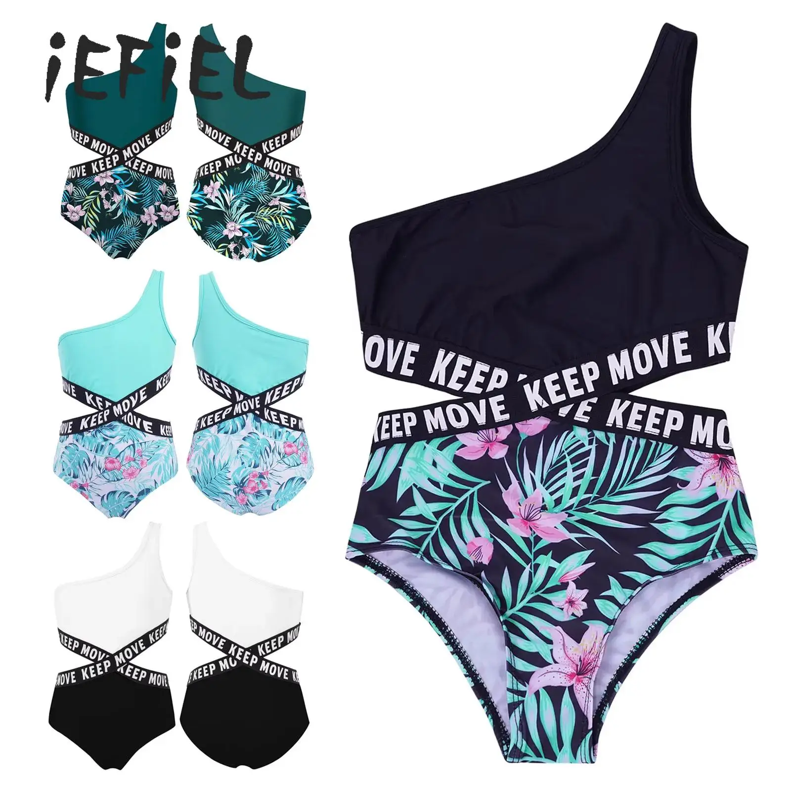 

Kids Girl One-Piece Swimsuit Swimwear Printed Hollow Out Waist Bathing Suits Single Shoulder Bodysuit Beachwear Swimming Clothes