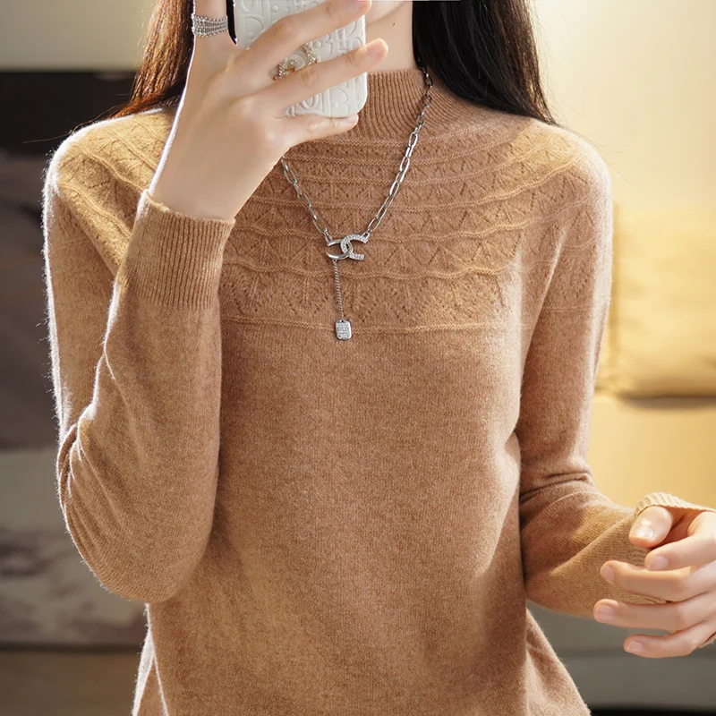 Autumn and winter 2022 hollowed out half high collar pullover 100% cardigan women\'s solid color casual long sleeve fashionable