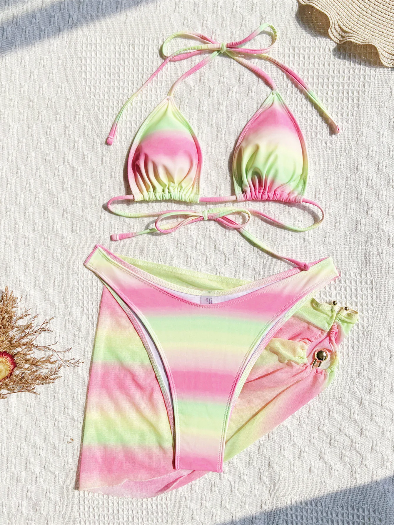 Sexy Gradient Bikini Skirt 3 Piece Set Women Split Swimsuit Beach 2025 New Summer Backless Swimwear Bikinis Set Maillot De Bain