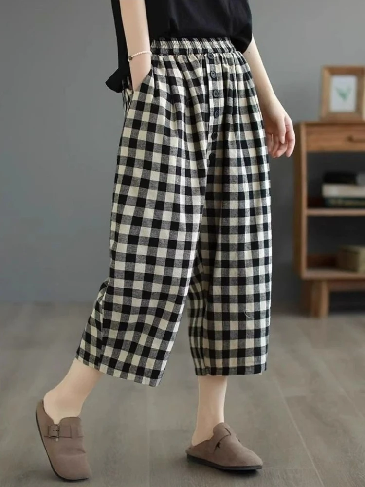 

2026 Summer New Casual Plaid Cropped Pants Elasticity High Waist Thin Wide Leg Pants Women Loose Versatile Harem Pants Women
