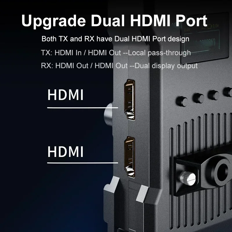 

1080p 250m Audio Video Wireless Transmission Transmitter Receiver for Camera Live Streaming with Battery Slots Dual HDMI Display