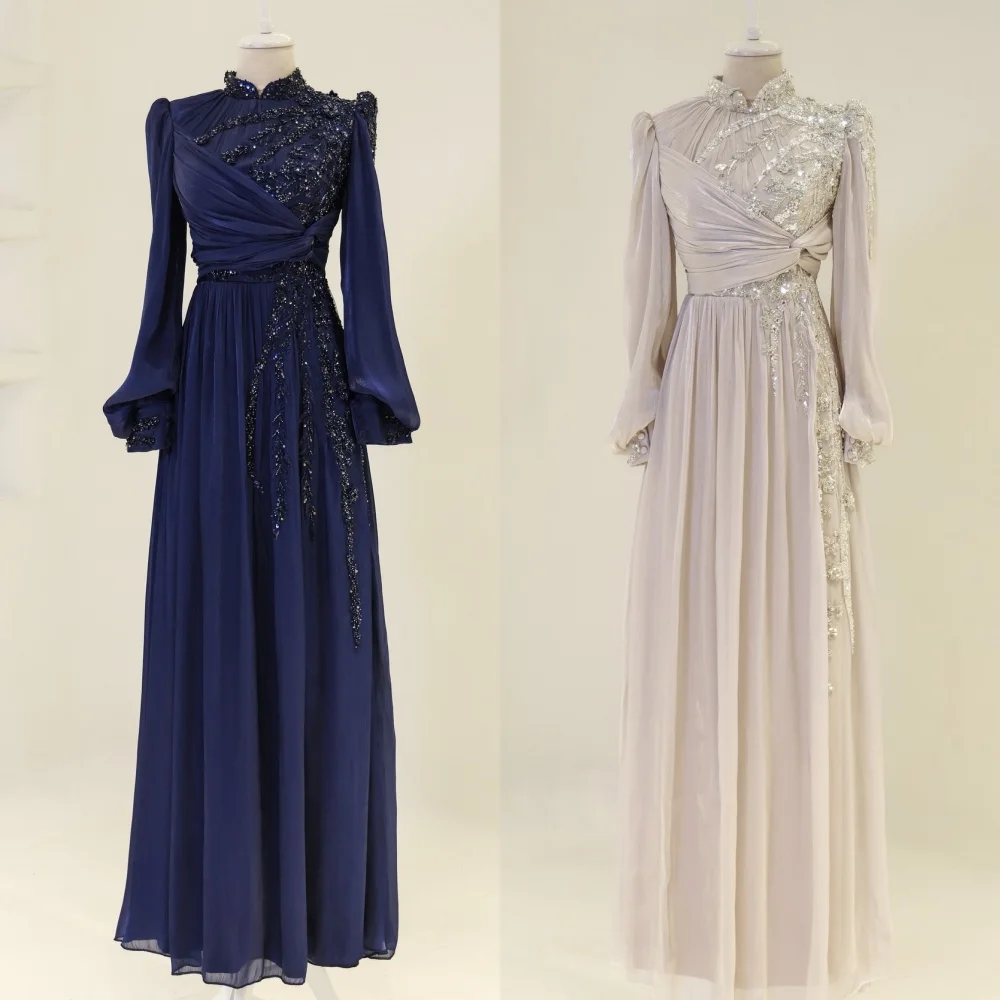 

Customized Intricate Sparkle Chiffon Pleat Beading Sequined A-line High Collar Long Dresses Bespoke Occasion Dresses Exquisite