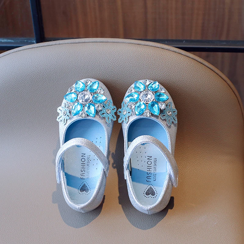 Crystal Snowflakes Shoes Girls Fancy Ice Blue strass Buckle ballerine Baby Kids Glitter perly-lustre Mary Jane Zapatos