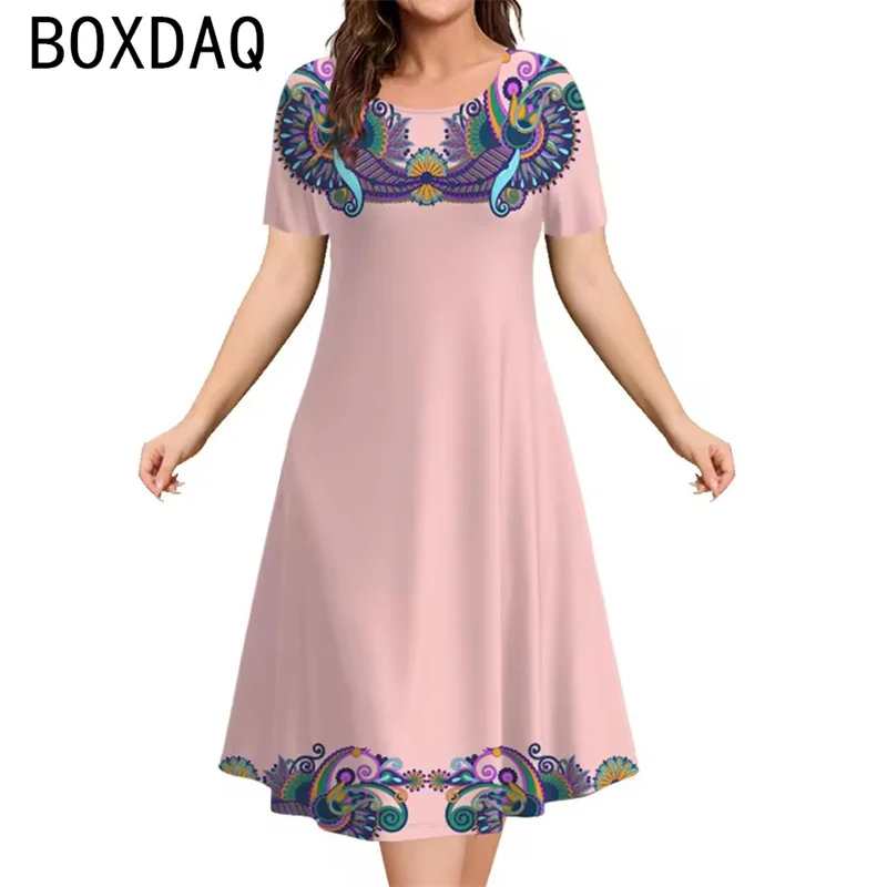 Summer Vintage Simple Women's Dresses Round Neck Short Sleeved Dress Elegant Party Clothing 2025 Loose Round Neck A-Line Dress