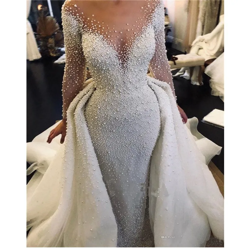 

2023 New Major Pearl Detachable Train Sheer Neck Long Sleeves Fashion Elegant Bride Bridal Gown Arabic Romantic Wedding Dress