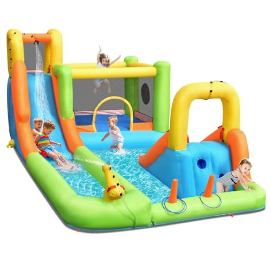 

7 in 1 Inflatable Water Slide with 2 Slides Climbing Wall Splash Pool 2 Ring Columns Water Gun for Outdoor Backyard Water Park