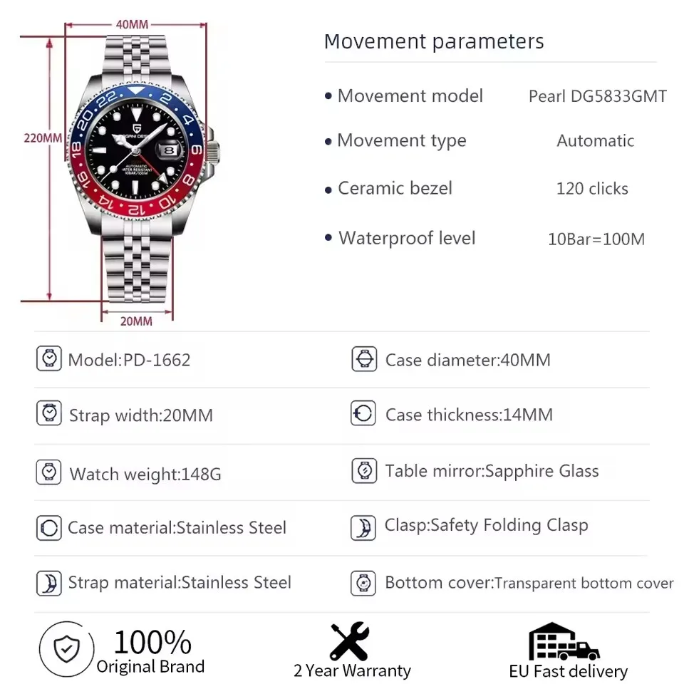 PAGANI DESIGN GMT Watch Sapphire Automatic Mechanical 40MM Stainless Steel Watch thumbnail 6