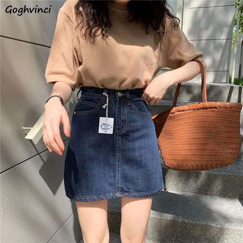 

Skirts Women Solid Pockets Mini High Waist Denim All-match Korean Style College Daily Basic Design Popular Fashion Simple New