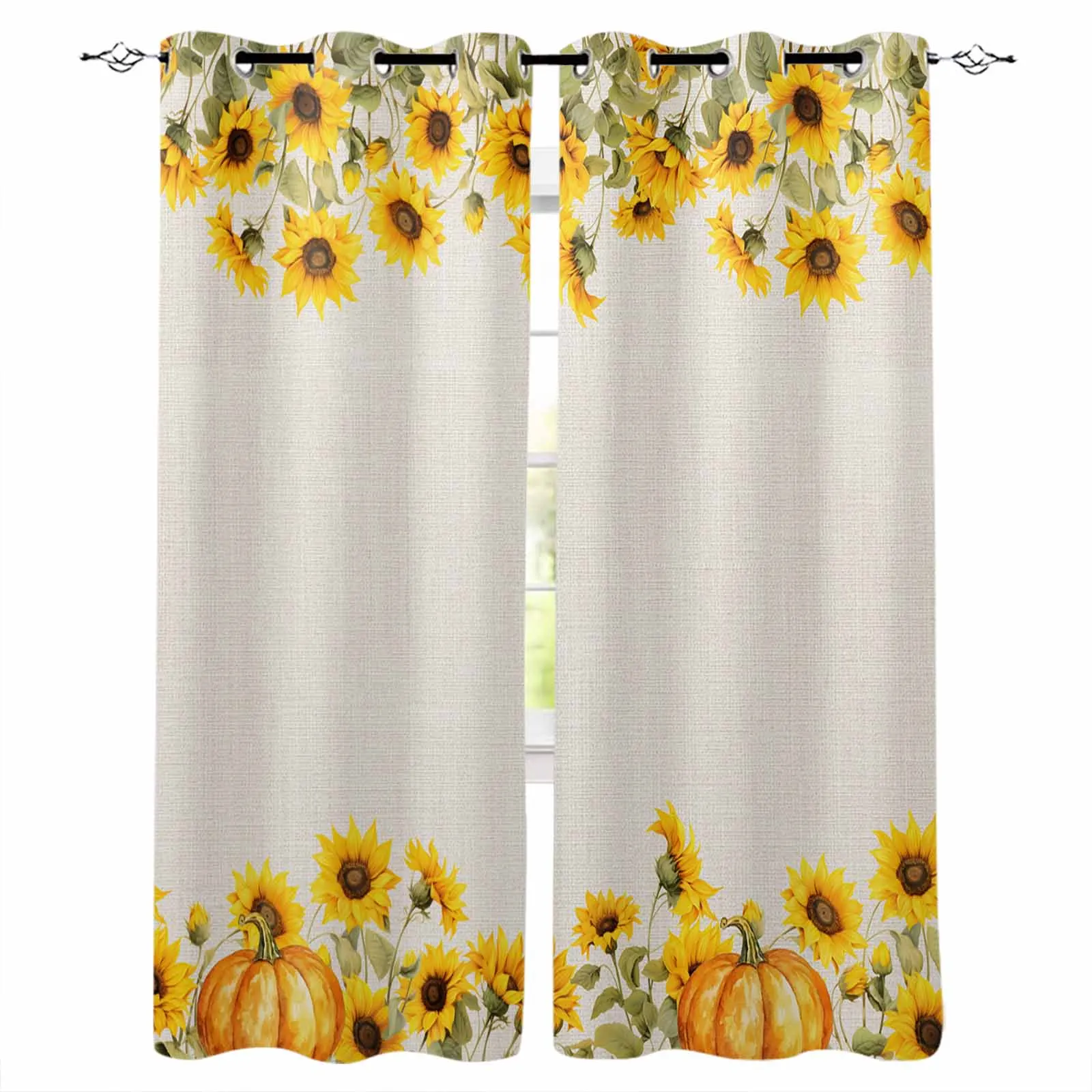 Autumn Sunflower Pumpkin Curtains for Living Room Bedroom Decorative Window Treatment Drapes Kitchen Curtains