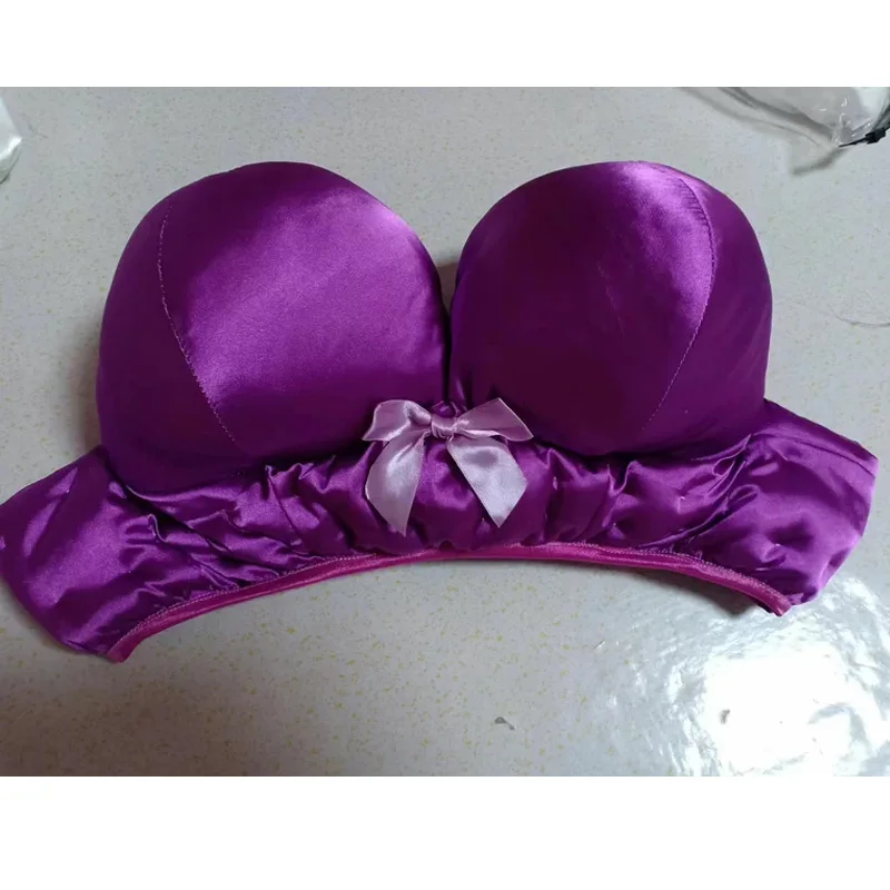 

Plus Size Man's Handmade Purple Satin Bow Bra Top Cross-dressing Cosplay Thickened Filled Cotton Soft Silky Touch Lingerie
