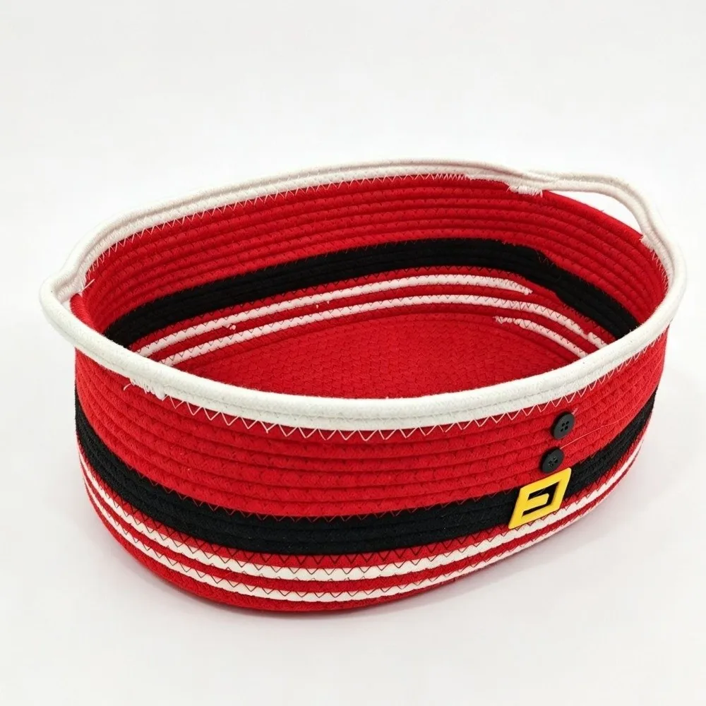 Cotton Rope Christmas Woven Storage Basket Santa Claus Ribbon Trim Snack Storage Basket Braided Decorative Storage Bin