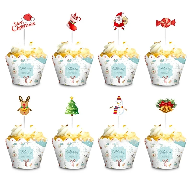 24/48Pcs Cartoon Christmas Cake Topper Santa Claus Xmas Tree Cupcake Topper for New Year Party Xmas Cake Decoration Noel Navidad