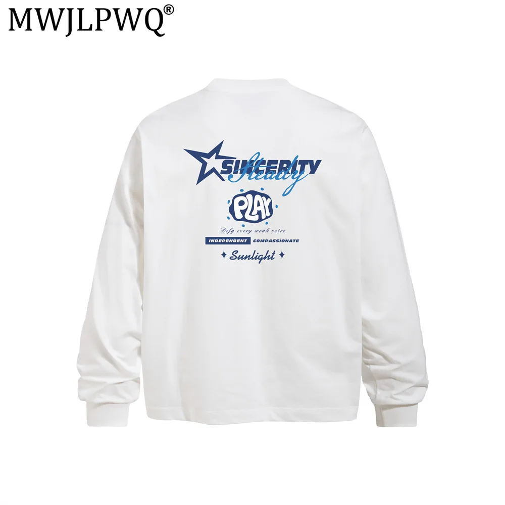 MWJLPWQ Star Letter Print Loose Long-Sleeve T-Shirt For Men Spring Autumn Ins American Style Trendy Casual Crew Neck Tops 20673